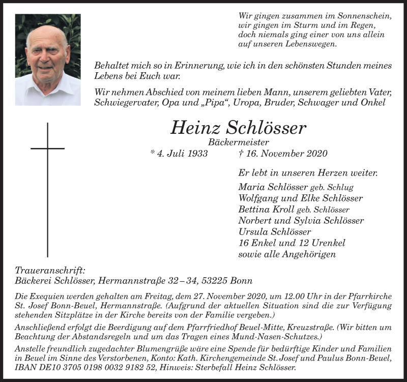  Traueranzeige für Heinz Schlösser vom 21.11.2020 aus General-Anzeiger Bonn
