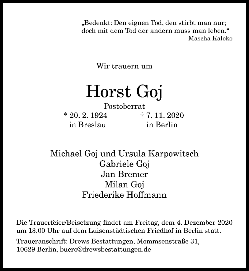  Traueranzeige für Horst Goj vom 21.11.2020 aus General-Anzeiger Bonn