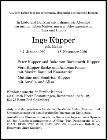 Anzeige von Inge Küpper von General-Anzeiger Bonn
