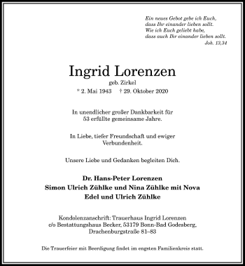 Anzeige von Ingrid Lorenzen von General-Anzeiger Bonn