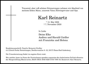 Anzeige von Karl Reinartz von General-Anzeiger Bonn