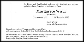 Anzeige von Margarete Wirtz von General-Anzeiger Bonn