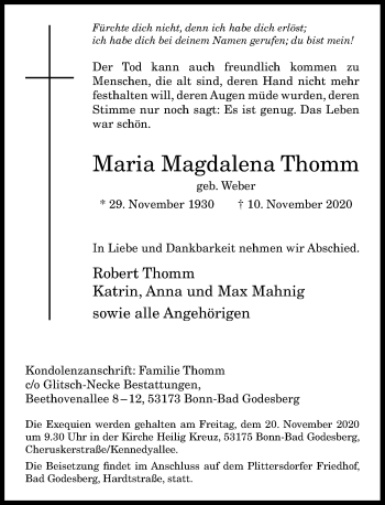 Anzeige von Maria Magdalena Thomm von General-Anzeiger Bonn