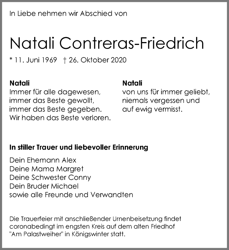  Traueranzeige für Natali Contreras-Friedrich vom 31.10.2020 aus General-Anzeiger Bonn