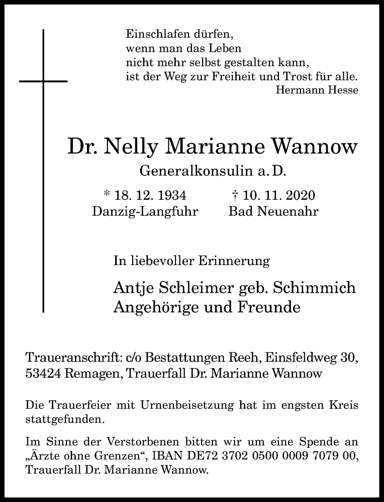  Traueranzeige für Nelly Marianne Wannow vom 28.11.2020 aus General-Anzeiger Bonn