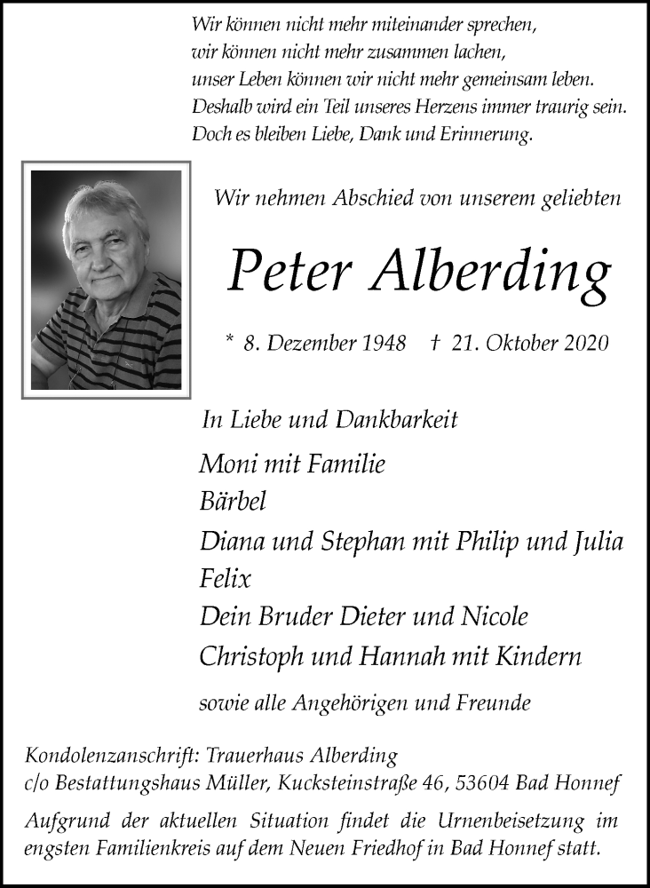  Traueranzeige für Peter Alberding vom 31.10.2020 aus General-Anzeiger Bonn