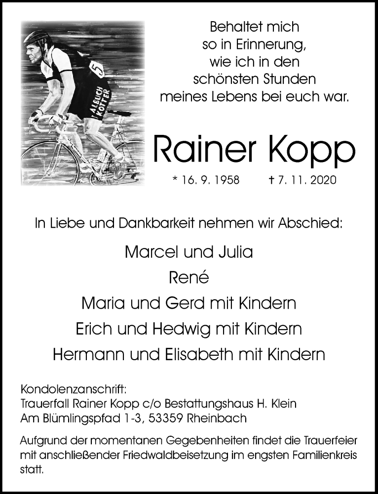  Traueranzeige für Rainer Kopp vom 21.11.2020 aus General-Anzeiger Bonn
