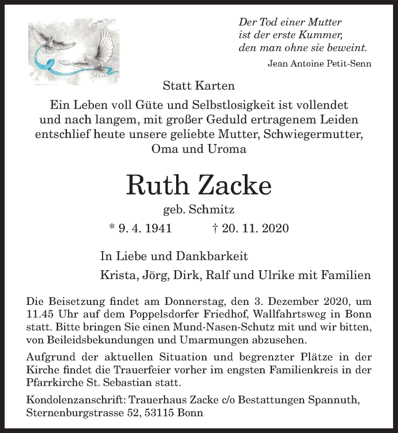  Traueranzeige für Ruth Zacke vom 28.11.2020 aus General-Anzeiger Bonn