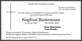 Anzeige von Siegfried Biedermann von General-Anzeiger Bonn