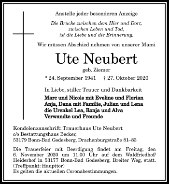 Anzeige von Ute Neubert von General-Anzeiger Bonn