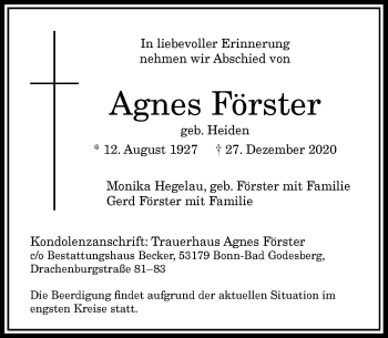 Anzeige von Agnes Förster von General-Anzeiger Bonn