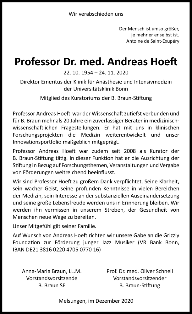  Traueranzeige für Andreas Hoeft vom 05.12.2020 aus General-Anzeiger Bonn