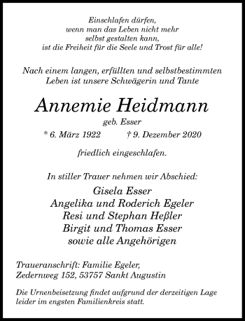 Anzeige von Annemie Heidmann von General-Anzeiger Bonn