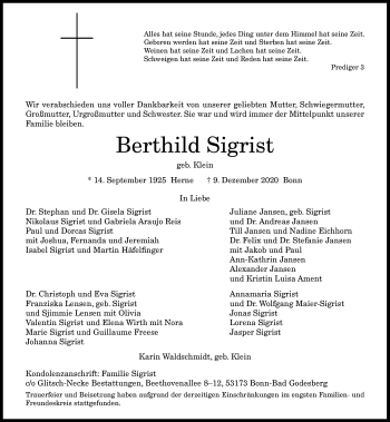 Anzeige von Berthild Sigrist von General-Anzeiger Bonn