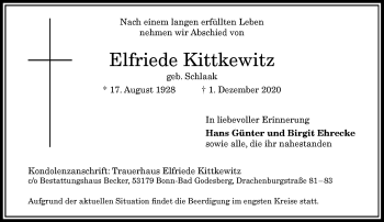 Anzeige von Elfriede Kittkewitz von General-Anzeiger Bonn