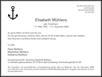 Anzeige von Elisabeth Mühlens von General-Anzeiger Bonn