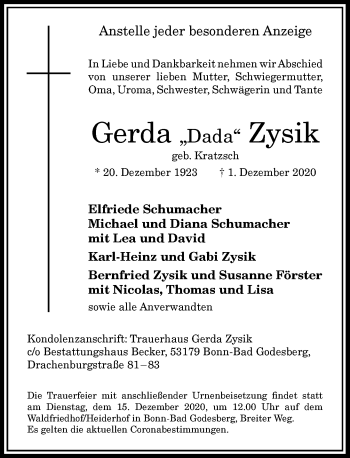 Anzeige von Gerda Dad Zysik von General-Anzeiger Bonn