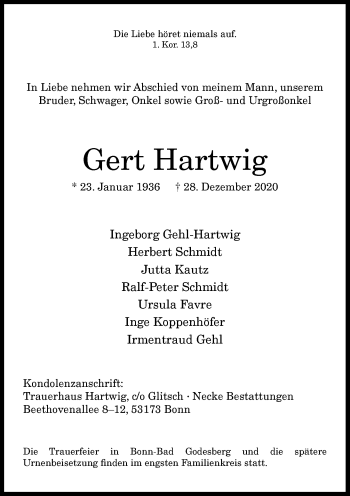 Anzeige von Gert Hartwig von General-Anzeiger Bonn