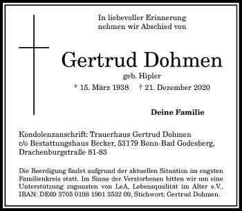 Anzeige von Gertrud Dohmen von General-Anzeiger Bonn