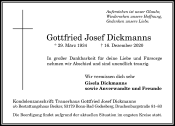 Anzeige von Gottfried Josef Dickmanns von General-Anzeiger Bonn