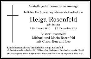 Anzeige von Helga Rosenfeld von General-Anzeiger Bonn