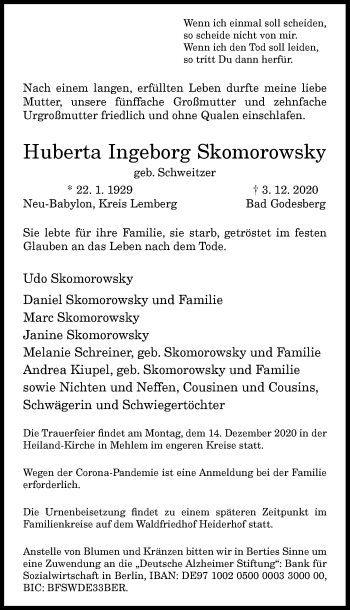 Anzeige von Huberta Ingeborg Skomorowsky von General-Anzeiger Bonn