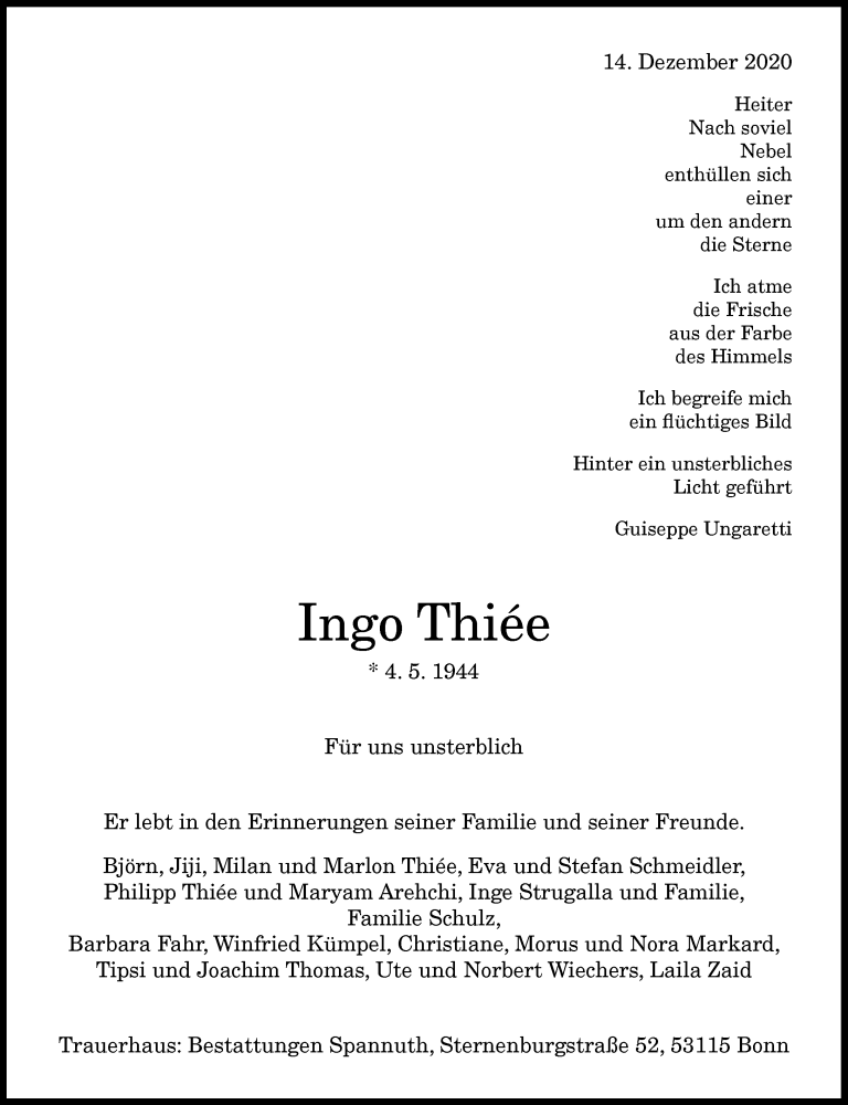  Traueranzeige für Ingo Thiee vom 24.12.2020 aus General-Anzeiger Bonn