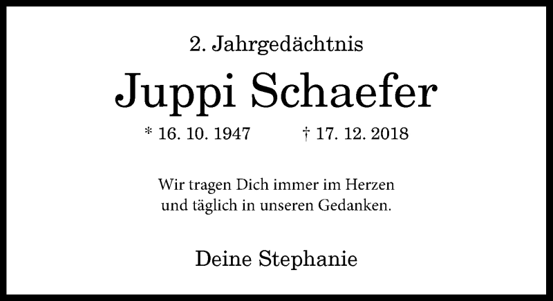  Traueranzeige für Juppi Schaefer vom 17.12.2020 aus General-Anzeiger Bonn