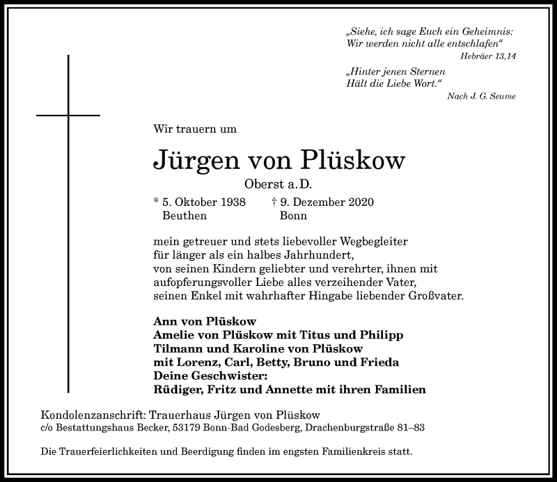  Traueranzeige für Jürgen von Plüskow vom 22.12.2020 aus General-Anzeiger Bonn
