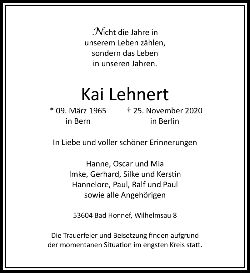  Traueranzeige für Kai Lehnert vom 05.12.2020 aus General-Anzeiger Bonn