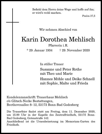 Anzeige von Karin Dorothea Mehlisch von General-Anzeiger Bonn