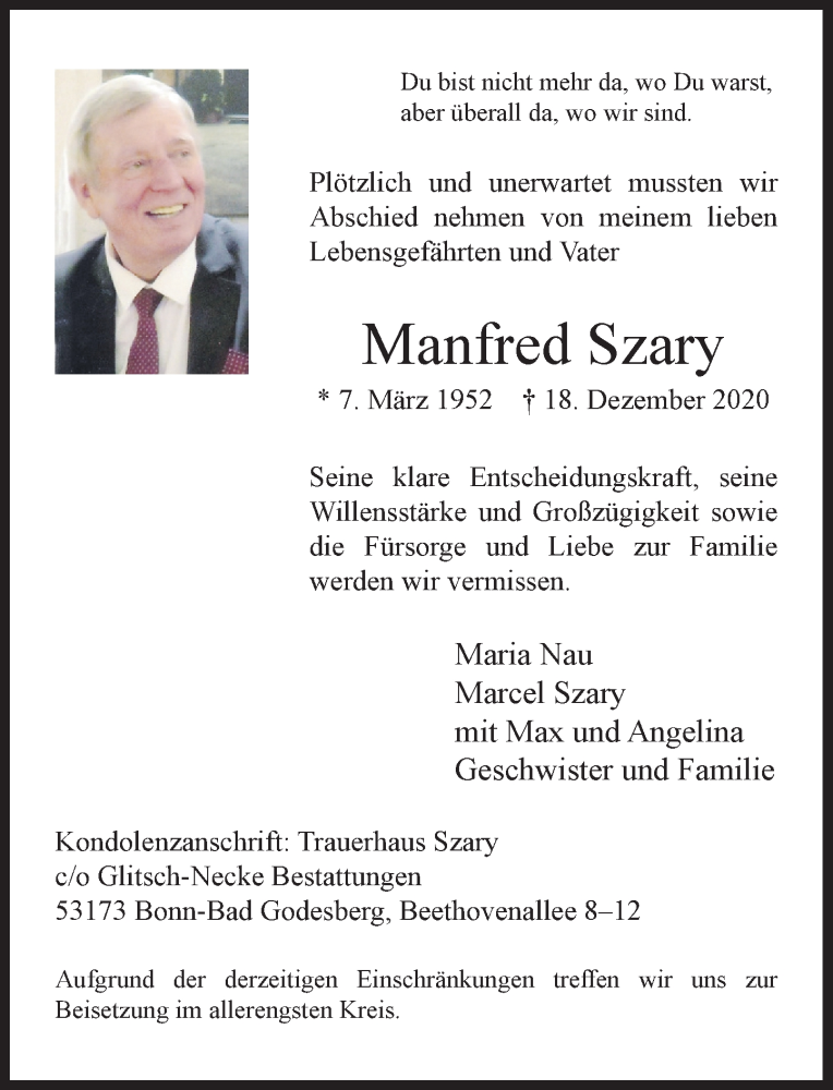  Traueranzeige für Manfred Szary vom 02.01.2021 aus General-Anzeiger Bonn