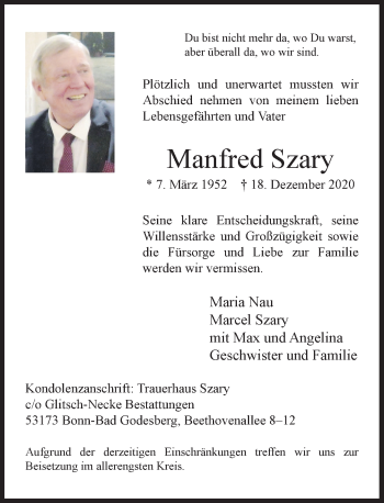 Anzeige von Manfred Szary von General-Anzeiger Bonn