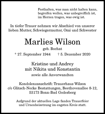 Anzeige von Marlies Wilson von General-Anzeiger Bonn