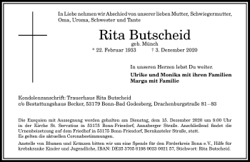 Anzeige von Rita Butscheid von General-Anzeiger Bonn