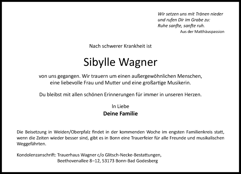  Traueranzeige für Sibylle Wagner vom 19.12.2020 aus General-Anzeiger Bonn