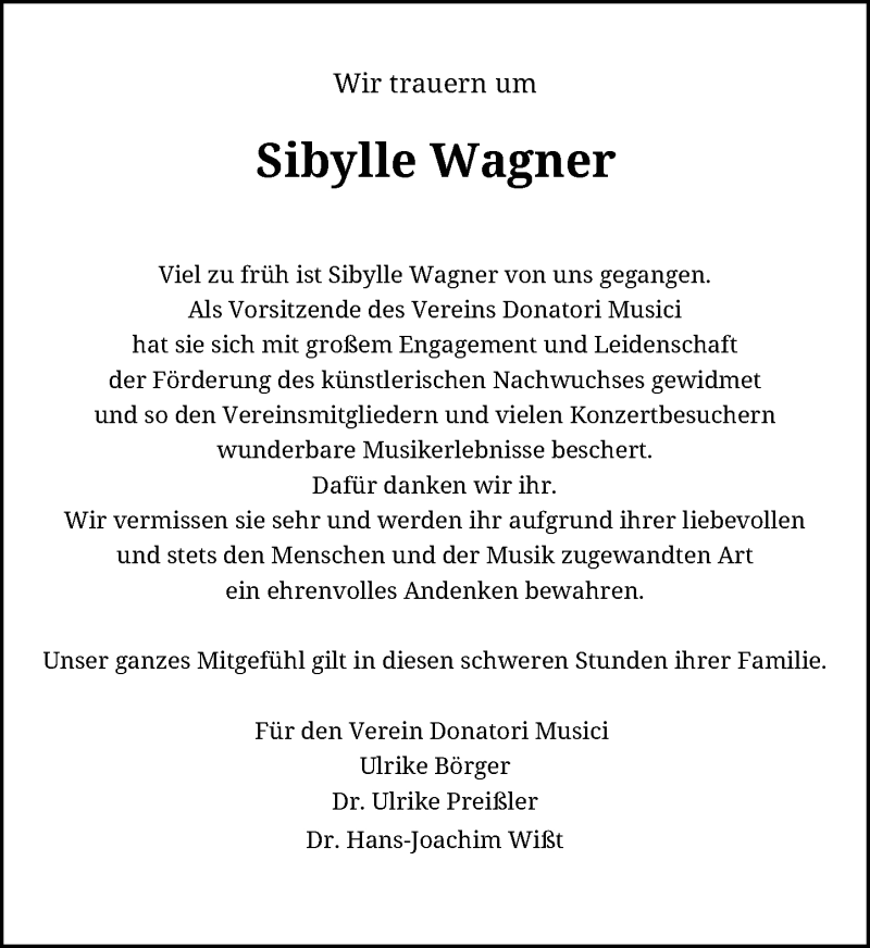  Traueranzeige für Sibylle Wagner vom 23.12.2020 aus General-Anzeiger Bonn