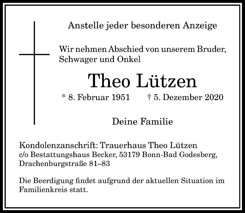  Traueranzeige für Theo Lützen vom 12.12.2020 aus General-Anzeiger Bonn
