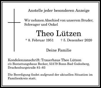 Anzeige von Theo Lützen von General-Anzeiger Bonn