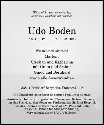 Anzeige von Udo Boden von General-Anzeiger Bonn