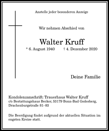 Anzeige von Walter Kruff von General-Anzeiger Bonn