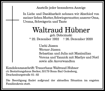 Anzeige von Waltraud Hübner von General-Anzeiger Bonn