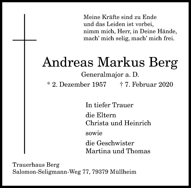  Traueranzeige für Andreas Markus Berg vom 12.02.2020 aus General-Anzeiger Bonn