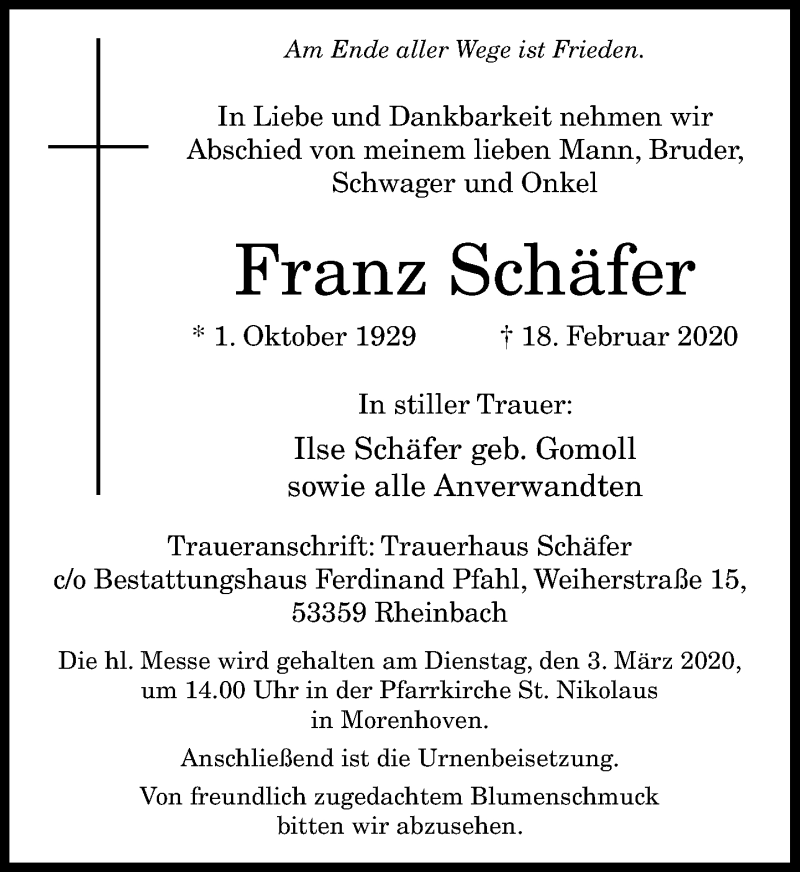  Traueranzeige für Franz Schäfer vom 29.02.2020 aus General-Anzeiger Bonn