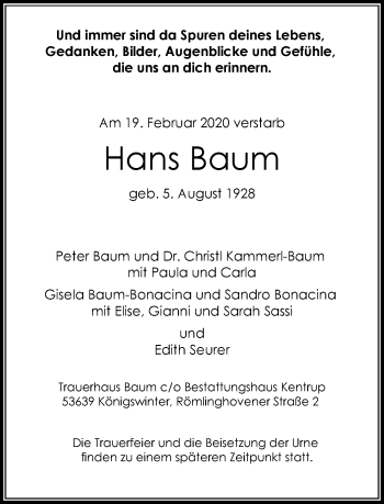 Anzeige von Hans Baum von General-Anzeiger Bonn