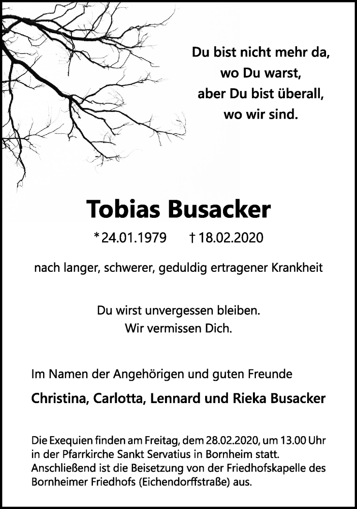  Traueranzeige für Tobias Busacker vom 22.02.2020 aus General-Anzeiger Bonn