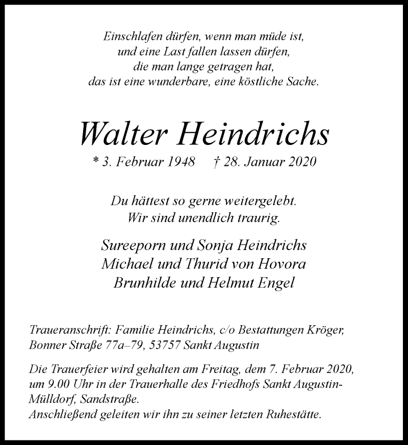  Traueranzeige für Walter Heindrichs vom 05.02.2020 aus General-Anzeiger Bonn