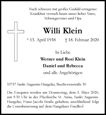 Anzeige von Willi Klein von General-Anzeiger Bonn