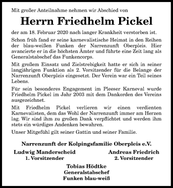 Anzeige von Friedhelm Pickel von General-Anzeiger Bonn