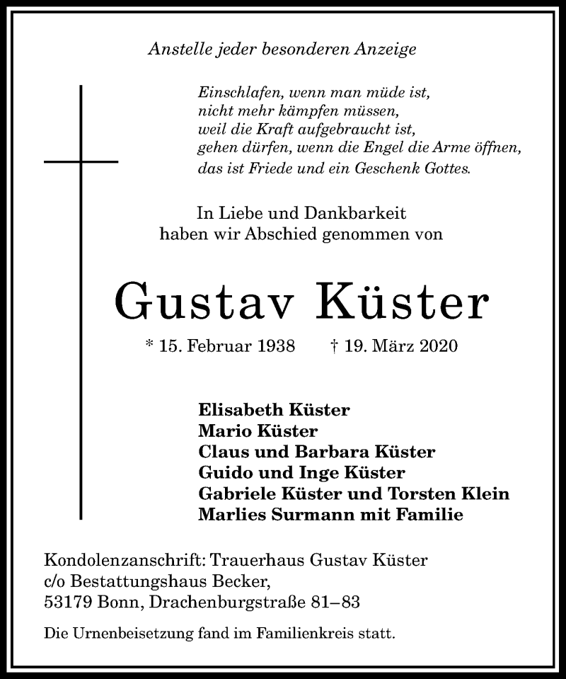  Traueranzeige für Gustav Küster vom 28.03.2020 aus General-Anzeiger Bonn